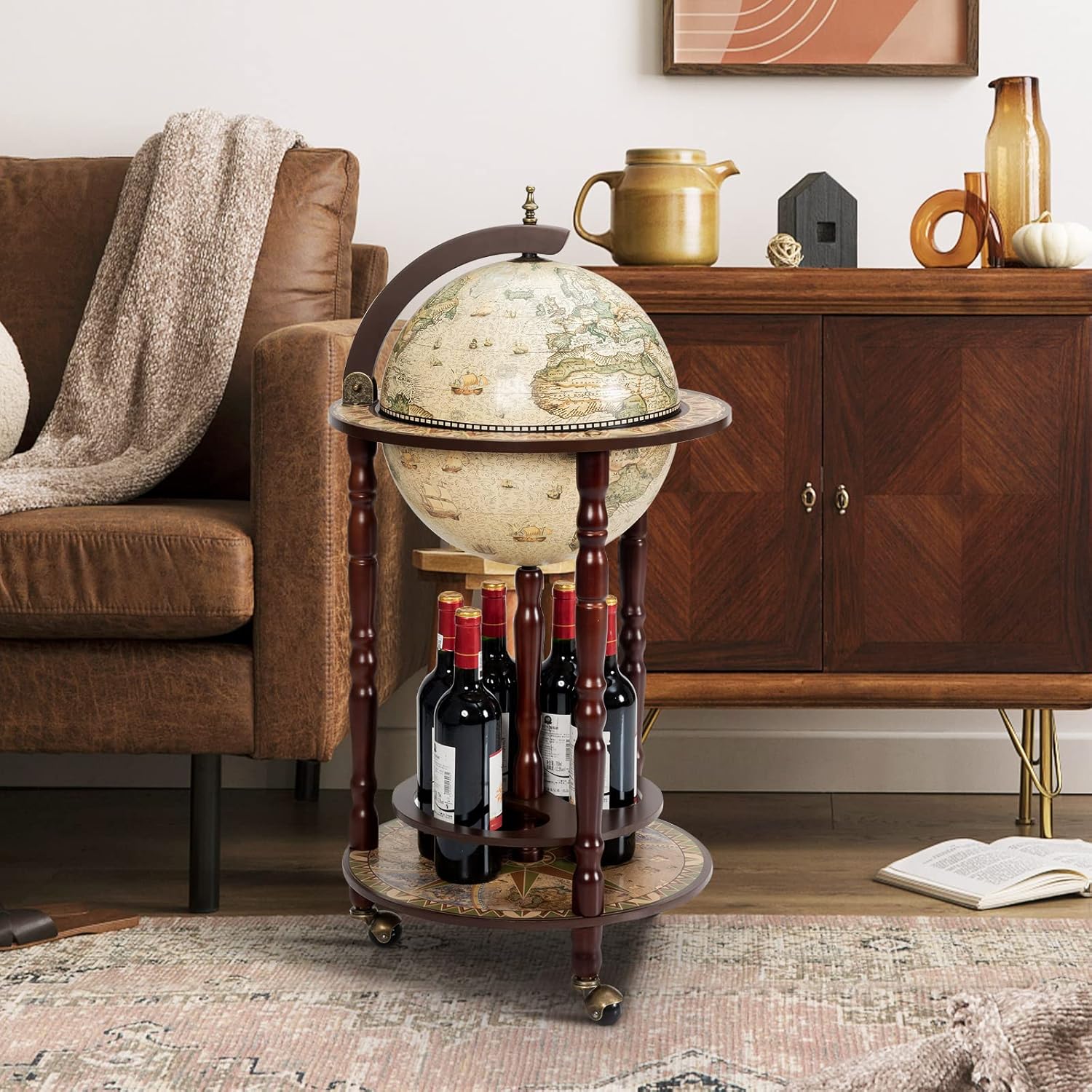 Creamy White Wood Globe Wine Bar Cabinet with Wheels H469