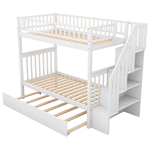 White Solid Wood Twin-Over-Twin Bunk Bed with Trundle A82800