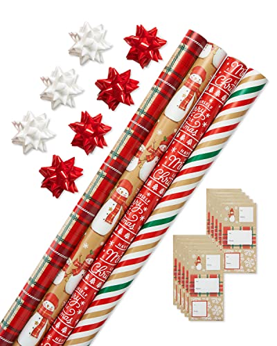 Christmas Wrapping Paper Set, Red and Tan Brown, 120 sq. ft., 4 rolls, 30 in. x 12 ft., 7 Adhesive Bows, 30 Gift Tag Stickers, Plaid, Stripes, and Snowmen X461