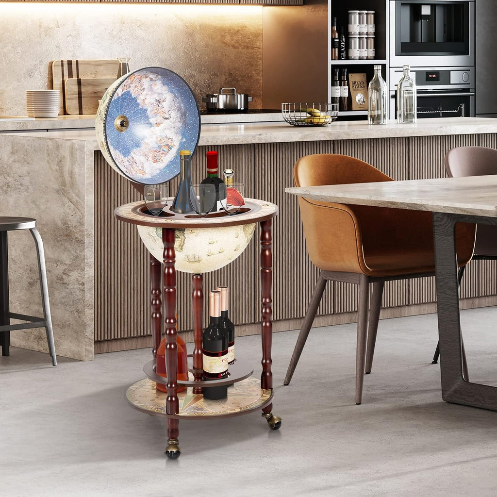 Creamy White Wood Globe Wine Bar Cabinet with Wheels H469