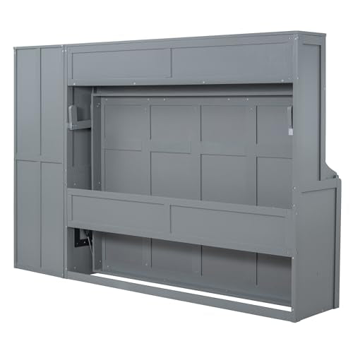 Gray Queen Size Murphy Bed with Desk Wardrobe Storage Shelf J158