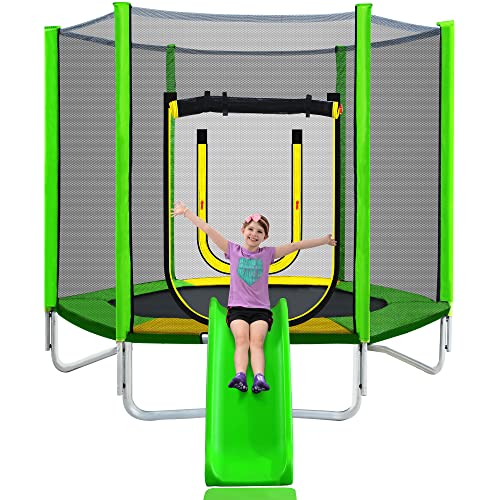 7FT Kids Trampoline with Safety Enclosure Net, Slide and Ladder K79526