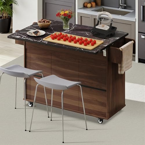 Kitchen Island Cart with Trash Can Storage, Drop Leaf, Drawers, Adjustable Shelves, Lockable Wheels A72321