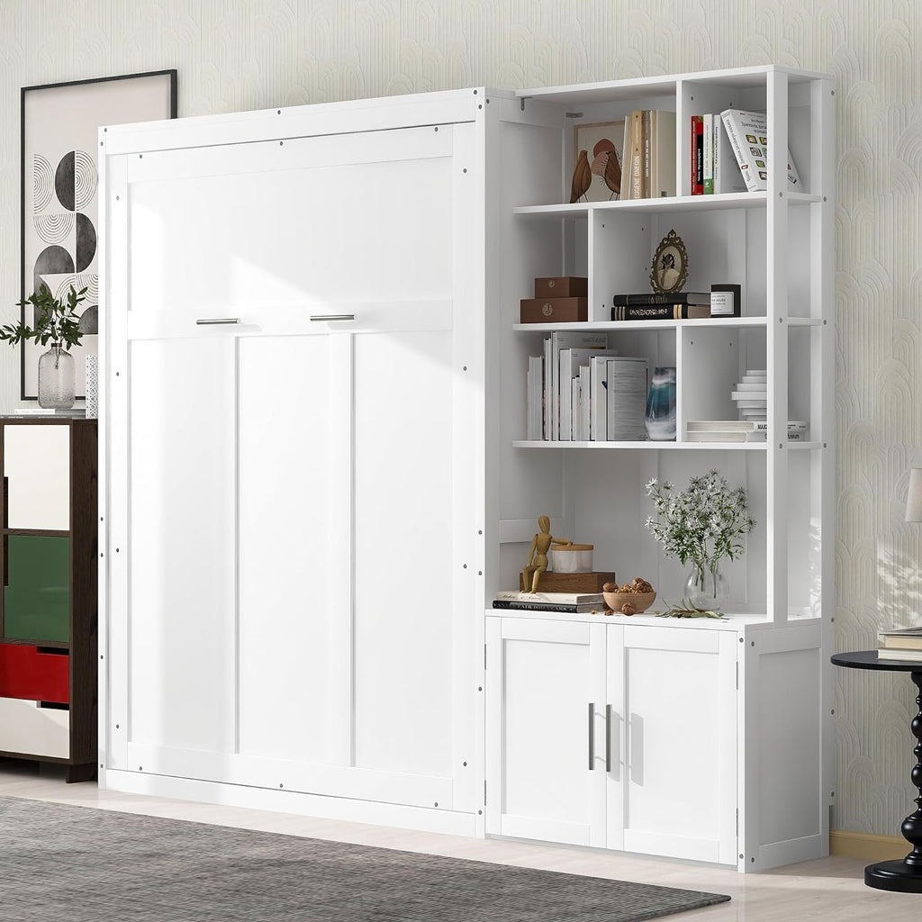 White Full Size Murphy Bed with Storage Cabinet and Shelves X74721