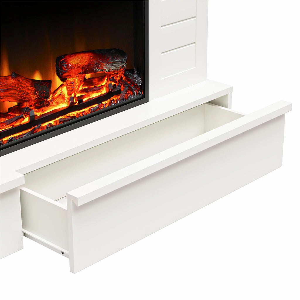 White Wide Shiplap Mantel with Linear Electric Fireplace and Storage Drawers W63512