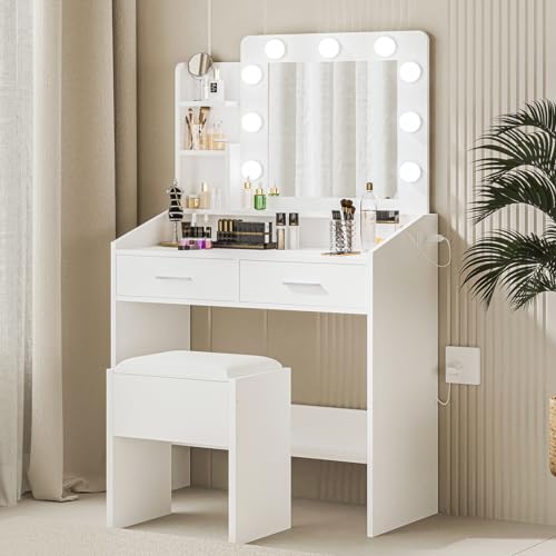 Black Vanity Desk with Mirror and Lights, 2 Drawers, Cushioned Stool P3689