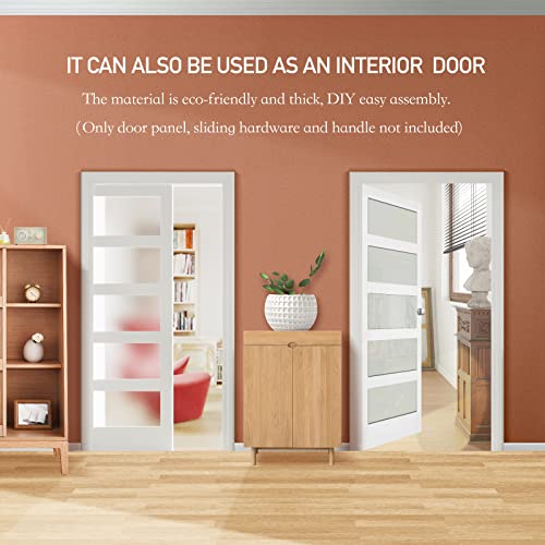 White Primed Double Sliding Pocket Door 60" x 80" with 5 Lites Tempered Frosted Glass Panels Y427411
