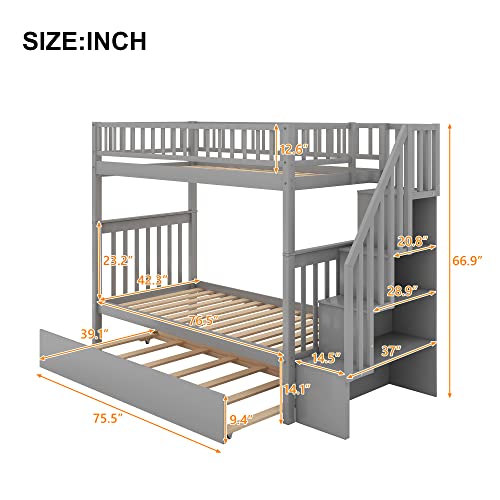 White Solid Wood Twin-Over-Twin Bunk Bed with Trundle A82800