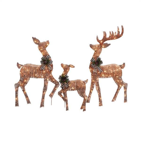 Set of 3 Light-Up Rattan-Look Deer with 210 Clear Incandescent Lights T618652