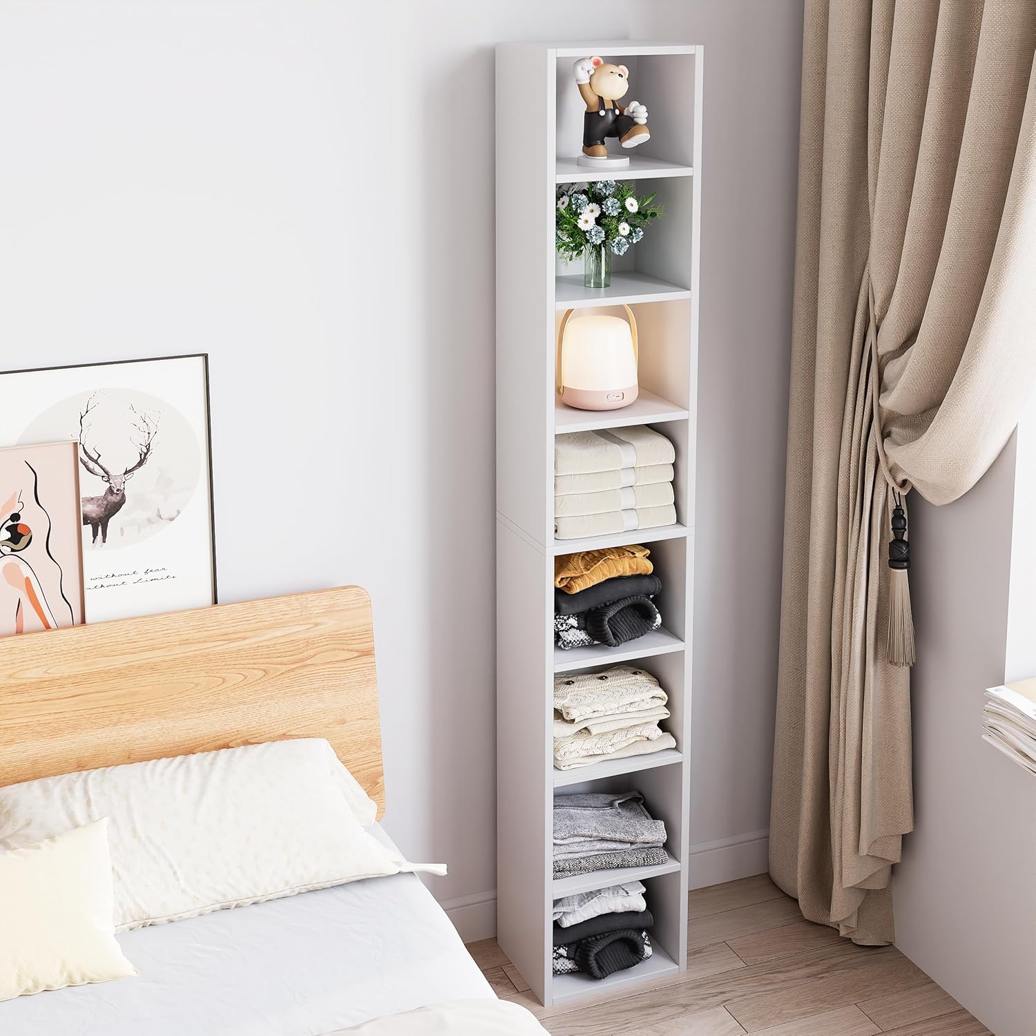 White 8-Tier Narrow Bookshelf with Adjustable Shelves O7424