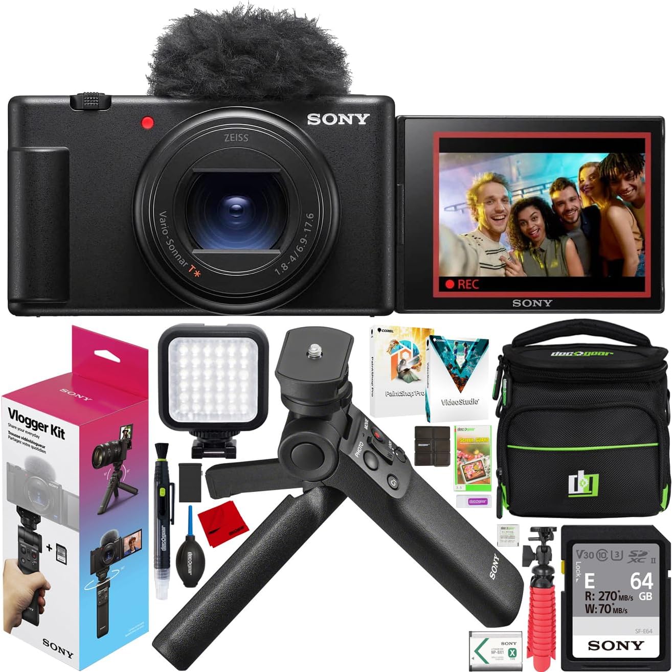 Black 4K Video 20.1MP Vlog Camera with Tripod/Grip, Case, LED, 64GB Card U574966