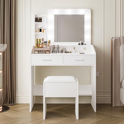 Black Vanity Desk with Mirror and Lights, 2 Drawers, Cushioned Stool P3689