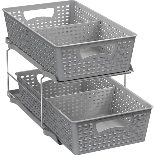 2 Tier Bathroom Organizer Tray Pull-Out Sliding Drawer Under-Sink Storage, Brown P22191