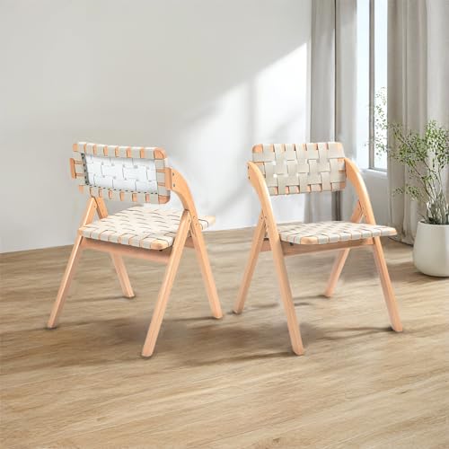 Folding Chairs Set of 2, Wooden Brown Woven Leather B20812