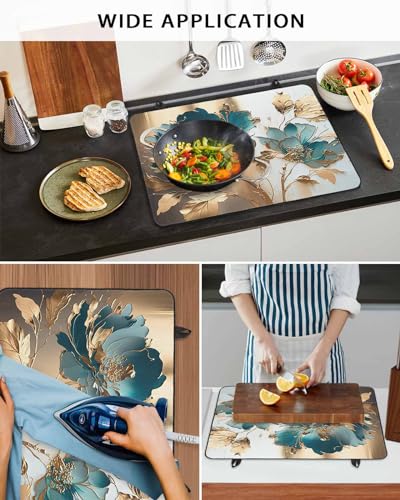 Teal Floral Blossom Gold Foil Leaves Induction Cooktop Protector Mat 24x21IN C544
