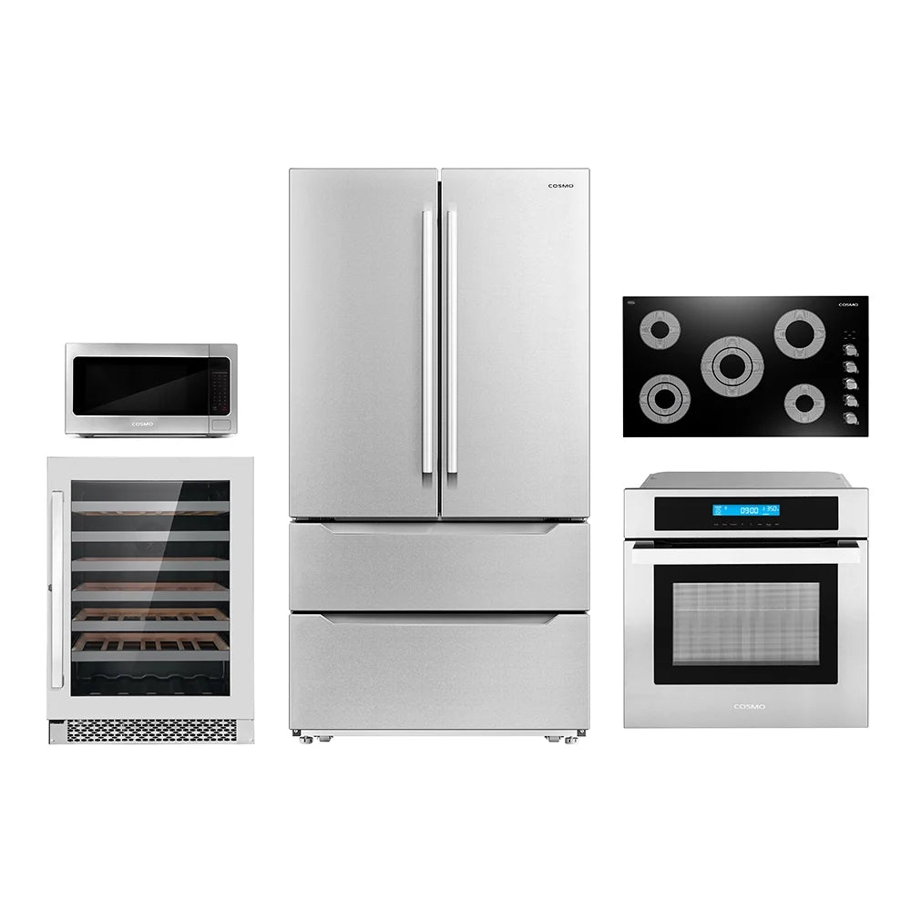 5 Piece Kitchen Appliance Package With 36" Electric Cooktop 30" Single Electric Wall Oven 24.4" Countertop Microwave French Door Refrigerator 24" Built-in Fully Integrated Dishwasher W157808