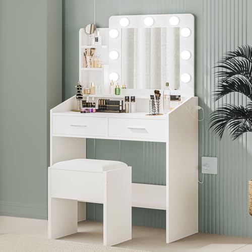 Black Vanity Desk with Mirror and Lights, 2 Drawers, Cushioned Stool P3689