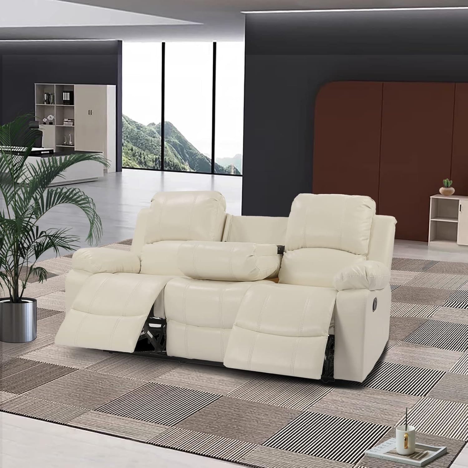 Beige Air Leather Double Recliner Loveseat with Console M9962