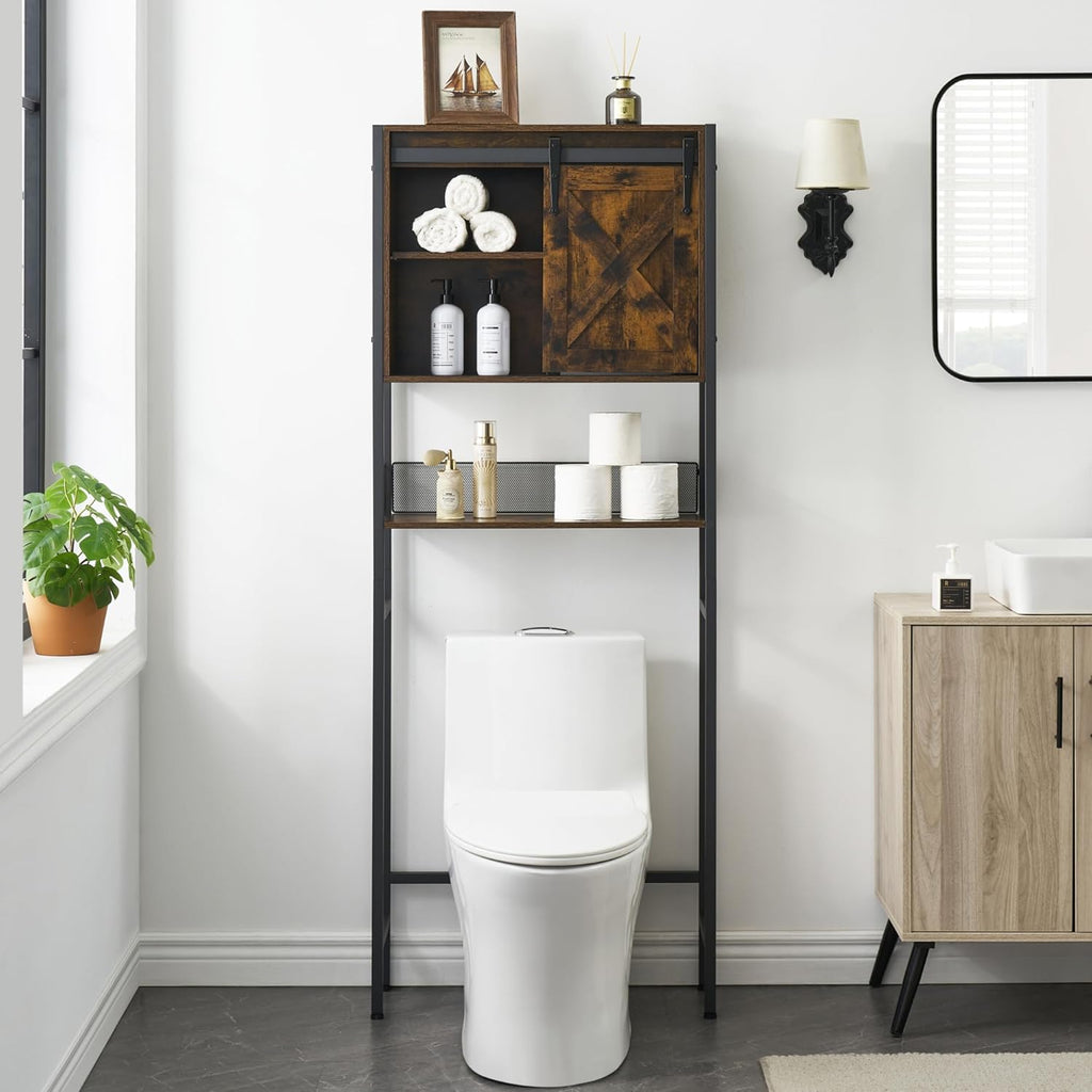Rustic Brown Over The Toilet Storage Cabinet with Sliding Door and Adjustable Shelf U90337