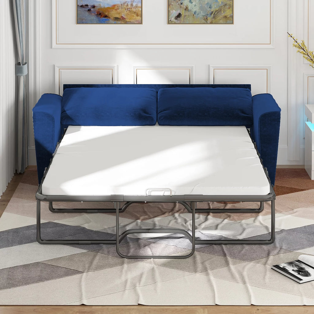 Blue Velvet Pull Out Sofa Bed with Foam Mattress W34503