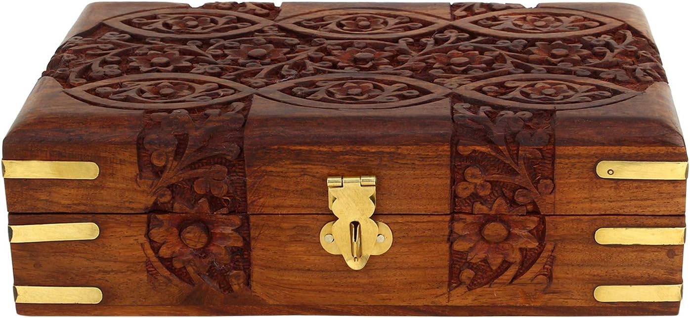 Hand Carved Wooden Storage Organiser Jewellery Box 20x12.5x6.5 CM V736029