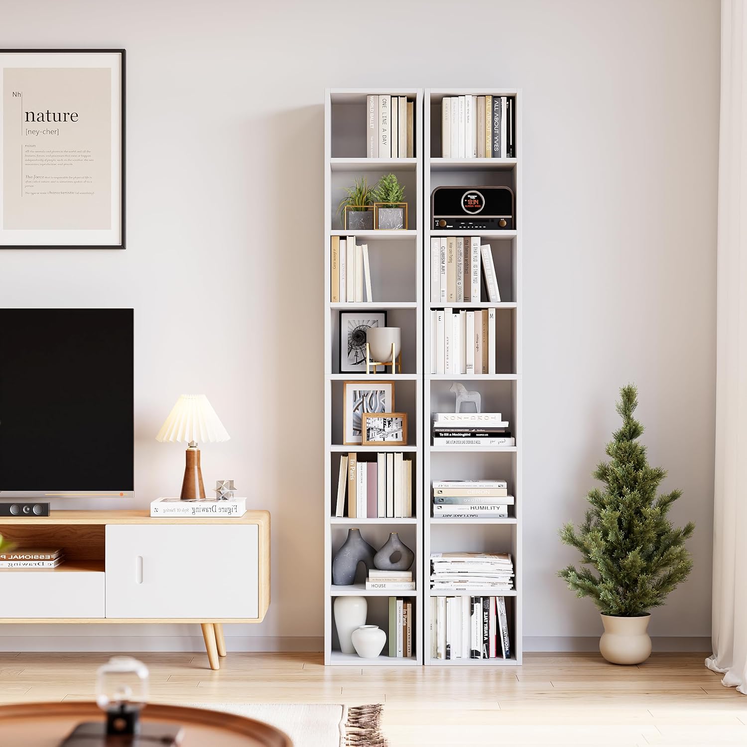 White 8-Tier Narrow Bookshelf with Adjustable Shelves O7424