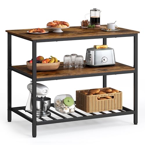 Rustic Brown and Black Kitchen Island with 3 Shelves N197