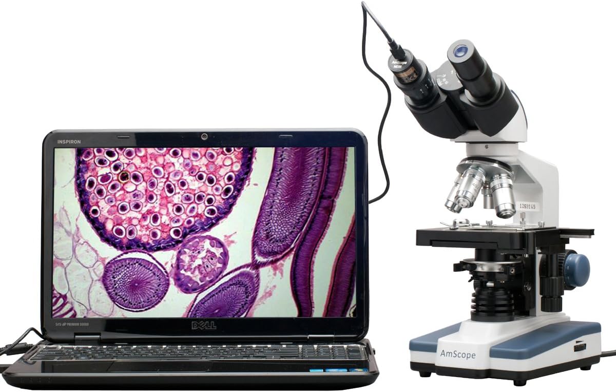 Binocular Compound Microscope, 40X-2500X Magnification, LED Illumination, Abbe Condenser, Two-Layer Mechanical Stage, 1.3MP Camera E9487