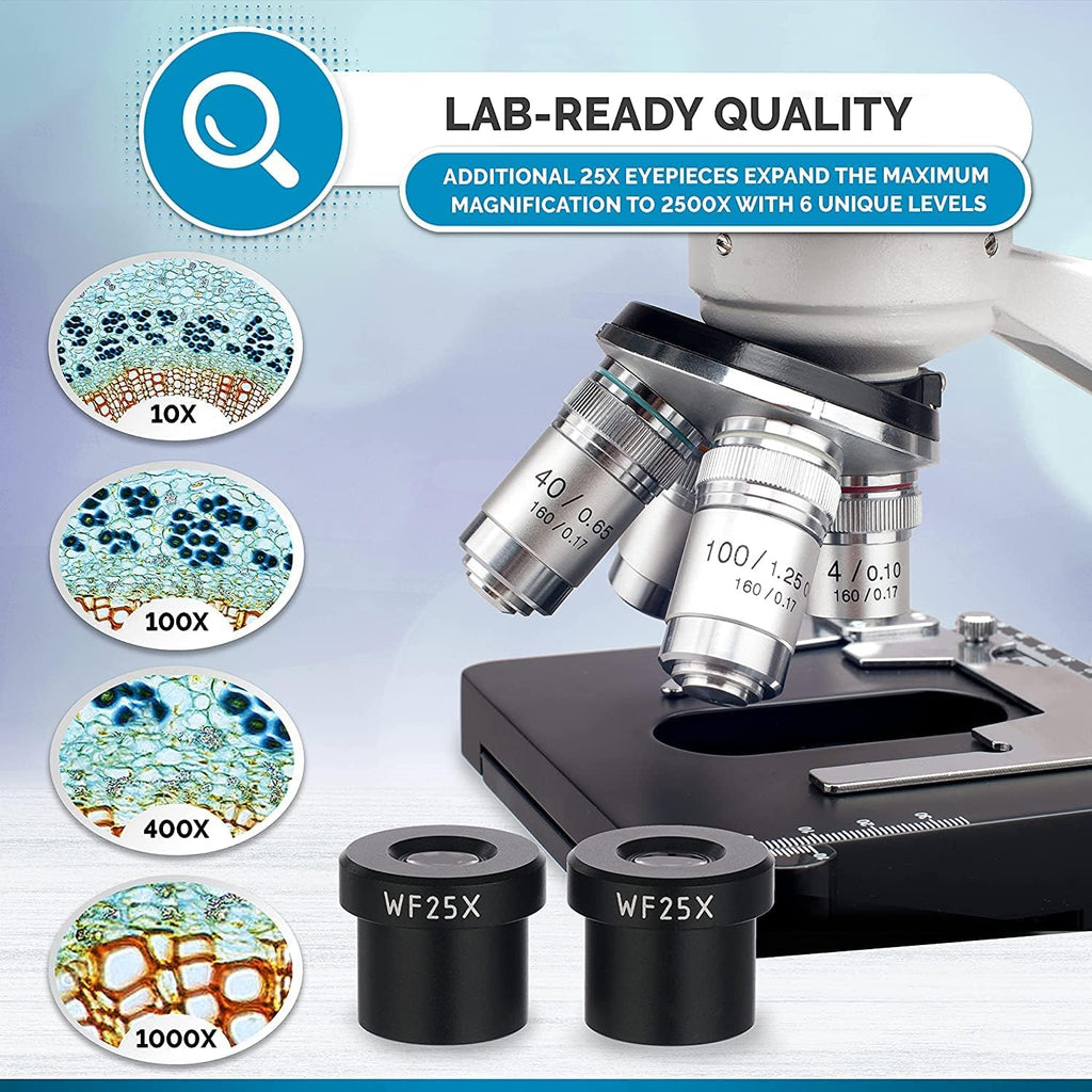 Binocular Compound Microscope, 40X-2500X Magnification, LED Illumination, Abbe Condenser, Two-Layer Mechanical Stage, 1.3MP Camera E9487