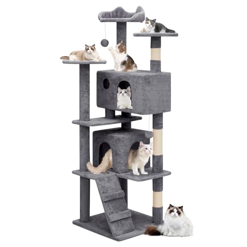 60 Inch Smoky Grey Cat Tree with 2 Cat Condo and Scratching Post S215