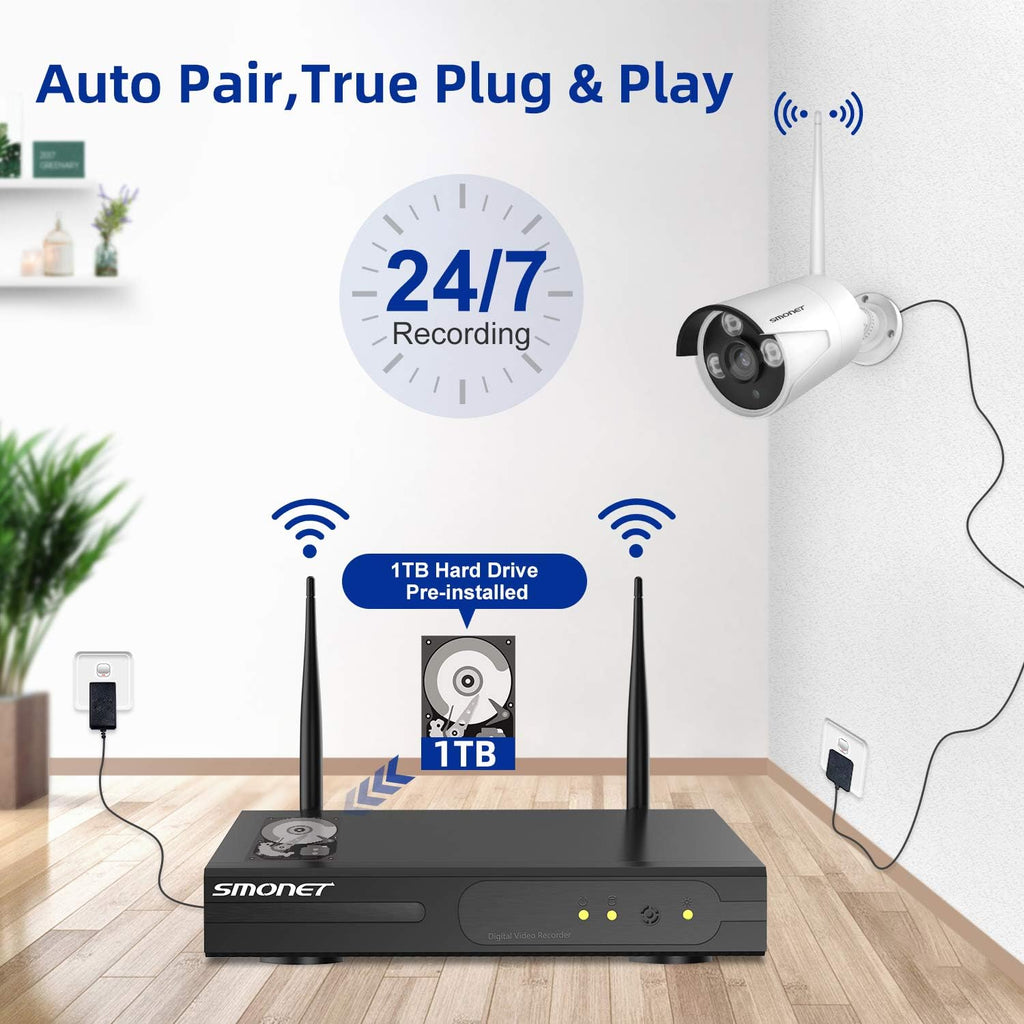 8 Channel 1080P Wireless Security Camera System with 12" Monitor 2TB Hard Drive 4pcs Indoor Outdoor IP Cameras Night Vision D6215
