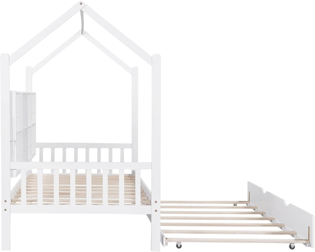 White Twin Size Wooden Platform Bed with Trundle and Storage Shelf E97842