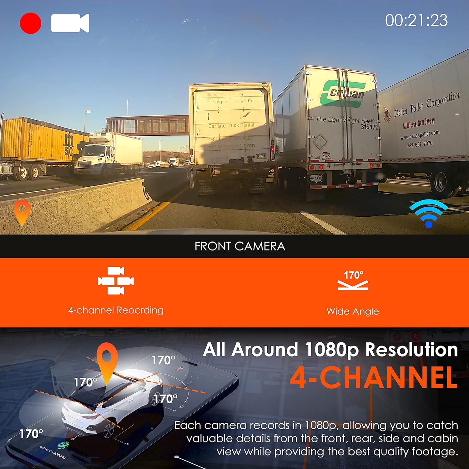 4 Channel Dash Cam with 1080p Resolution, Wi-Fi, GPS, IR Night Vision, Parking Mode, Collision Detection, Type-C Port P286197