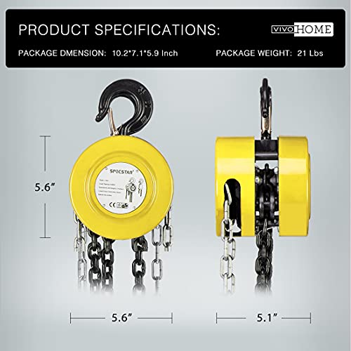 Black Hand Chain Hoist 1 Ton 2200 Lbs Capacity 10 Feet with 2 Heavy Duty Hooks K62356