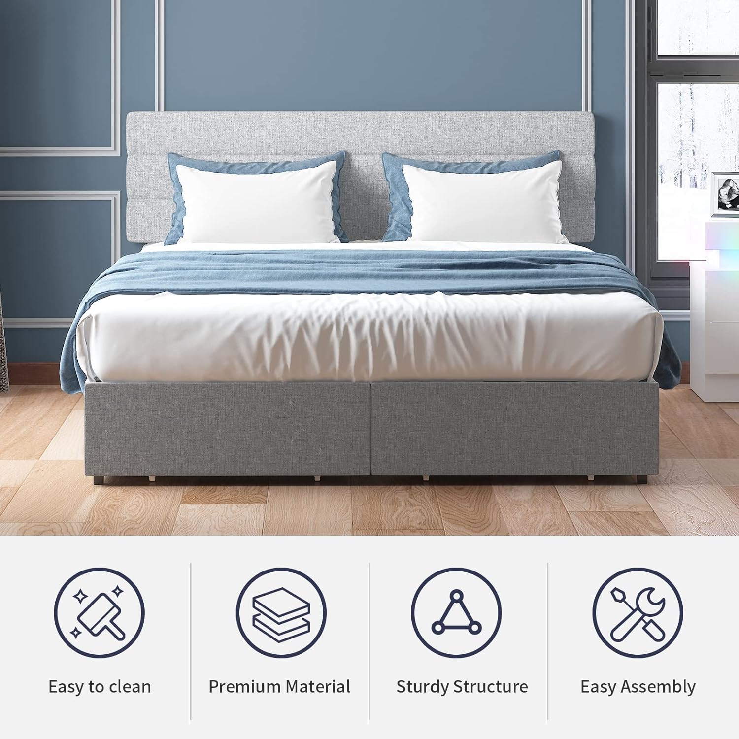 Light Grey King Size Bed Frame with 2 Storage Drawers T1158