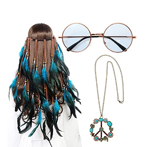 3PCS Hippie Costume Set with Headband Necklace Sunglasses D9955