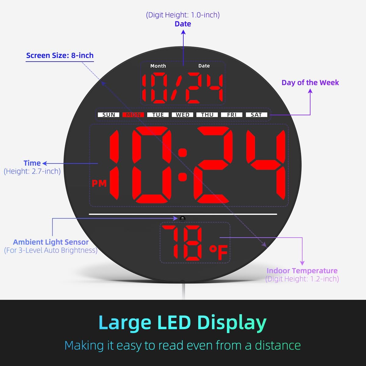 Digital Wall Clock with Large LED Display, Auto-Brightness, Temperature, Small Silent Non-Ticking Electric Wall Clock Y142