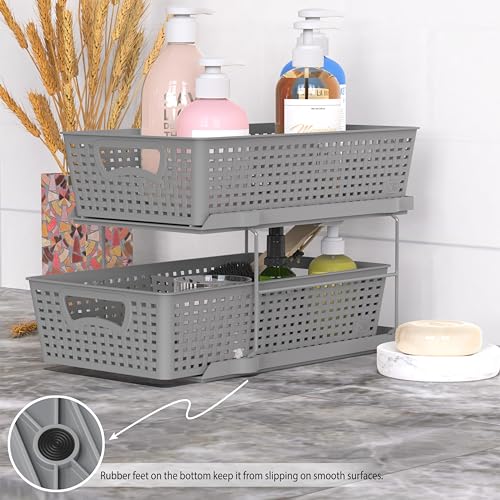 2 Tier Bathroom Organizer Tray Pull-Out Sliding Drawer Under-Sink Storage, Brown P22191