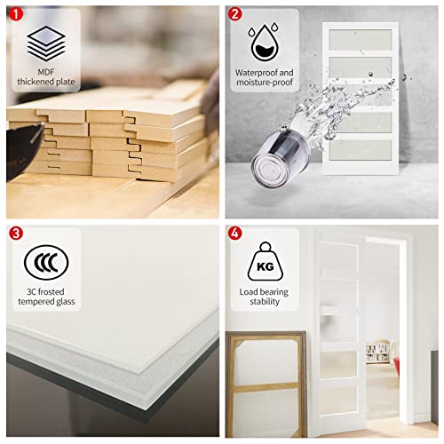 White Primed Double Sliding Pocket Door 60" x 80" with 5 Lites Tempered Frosted Glass Panels Y427411