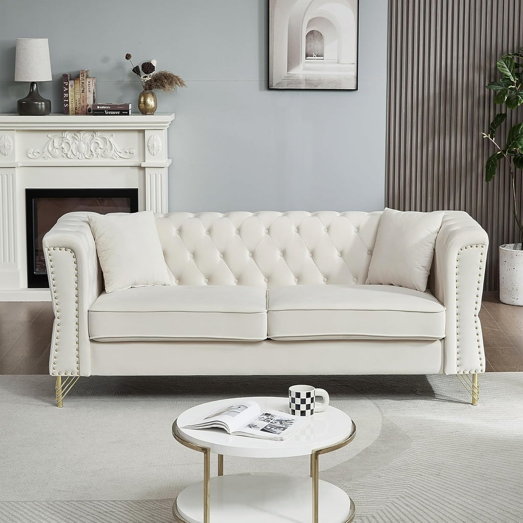 Grey Velvet 3 Seater Chesterfield Sofa with Metal Foot and Nailhead S3506