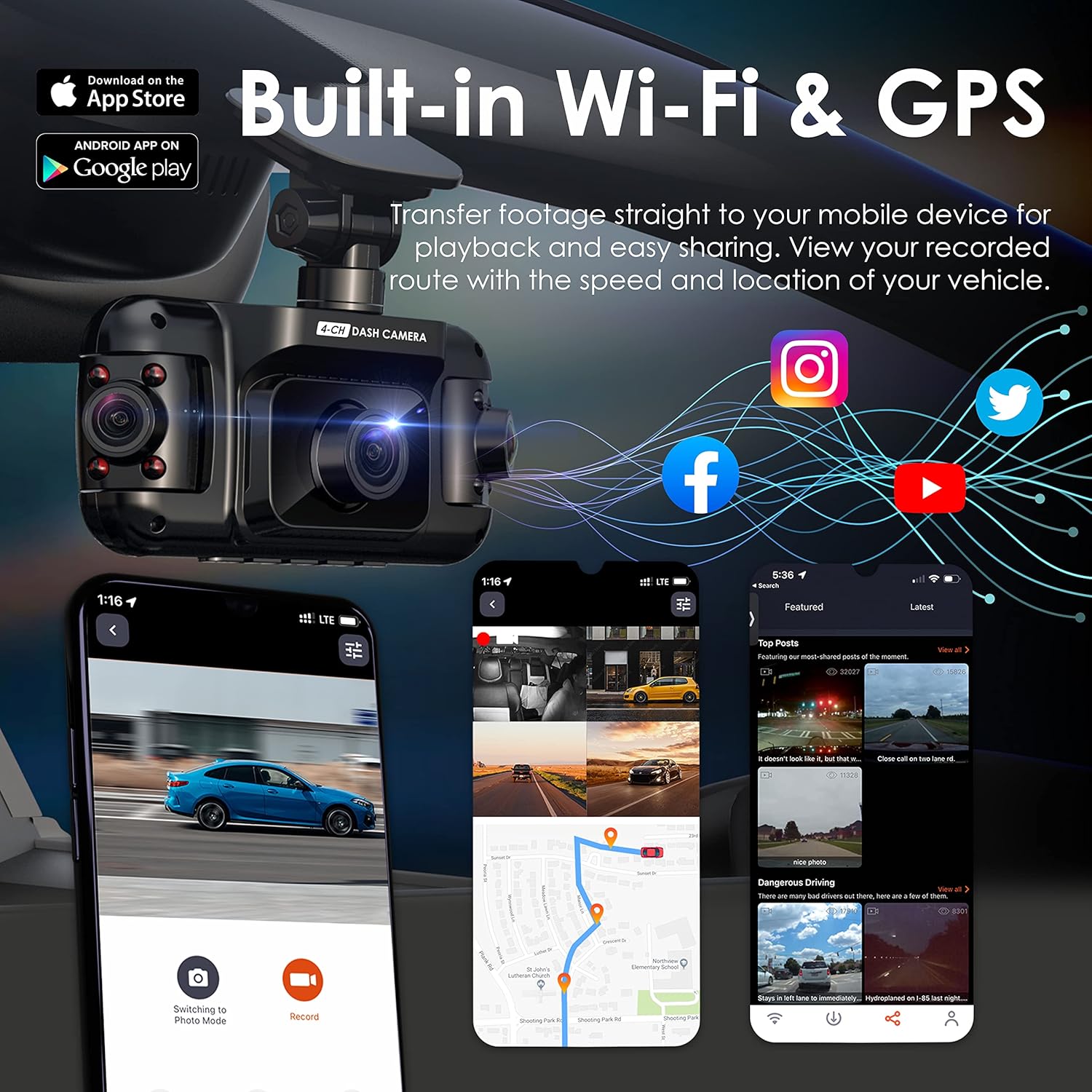 4 Channel Dash Cam with 1080p Resolution, Wi-Fi, GPS, IR Night Vision, Parking Mode, Collision Detection, Type-C Port P286197