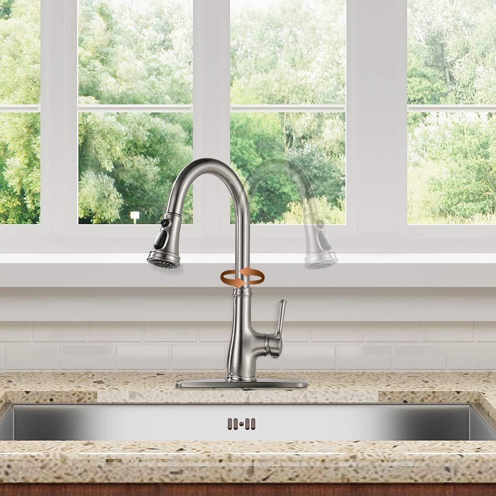 Single Handle Brushed Nickel Pull Down Kitchen Sink Faucet with Pull Out Sprayer H8156