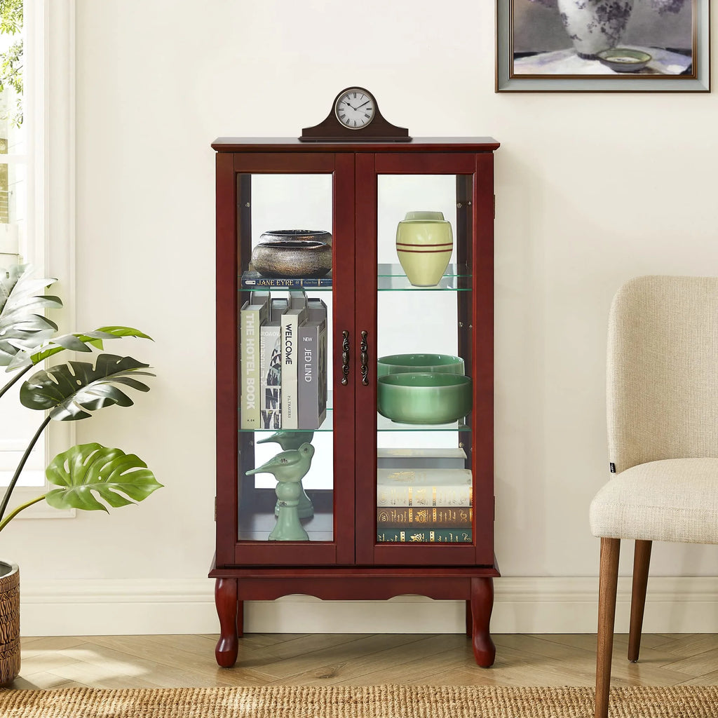 3 Tier Curio Cabinet with Tempered Glass Doors, Cherry C127438