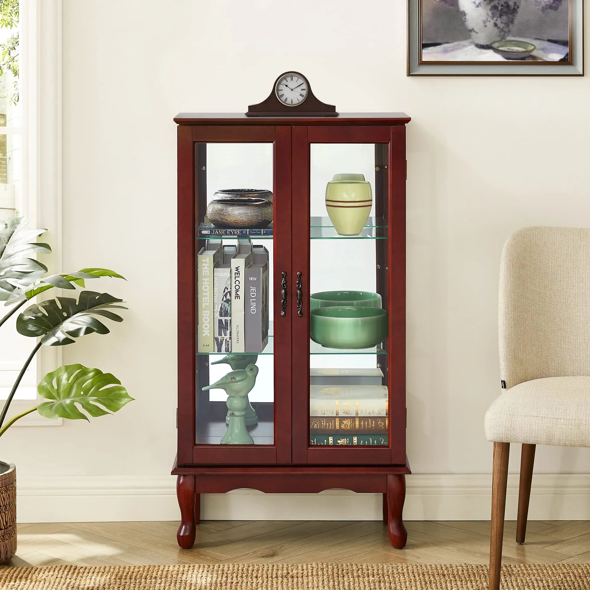 3 Tier Curio Cabinet with Tempered Glass Doors, Cherry C127438
