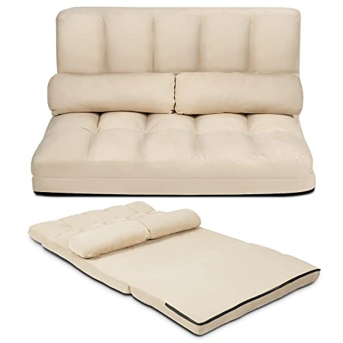 Blue Floor Sofa with 2 Pillows, Foldable 6-Position Adjustable Metal Frame Suede Fabric M76503