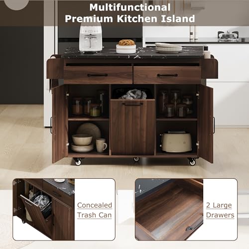 Kitchen Island Cart with Trash Can Storage, Drop Leaf, Drawers, Adjustable Shelves, Lockable Wheels A72321