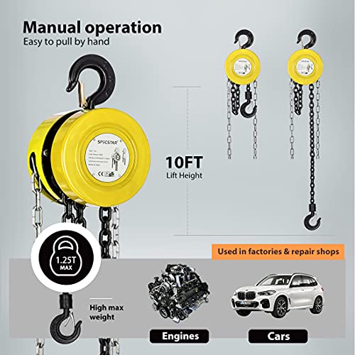Black Hand Chain Hoist 1 Ton 2200 Lbs Capacity 10 Feet with 2 Heavy Duty Hooks K62356