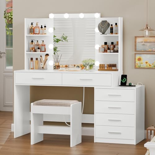 White Large Vanity Desk with LED Lighted Mirror & Power Outlet, 7 Drawers, 4 Shelves and 5 Hooks J830