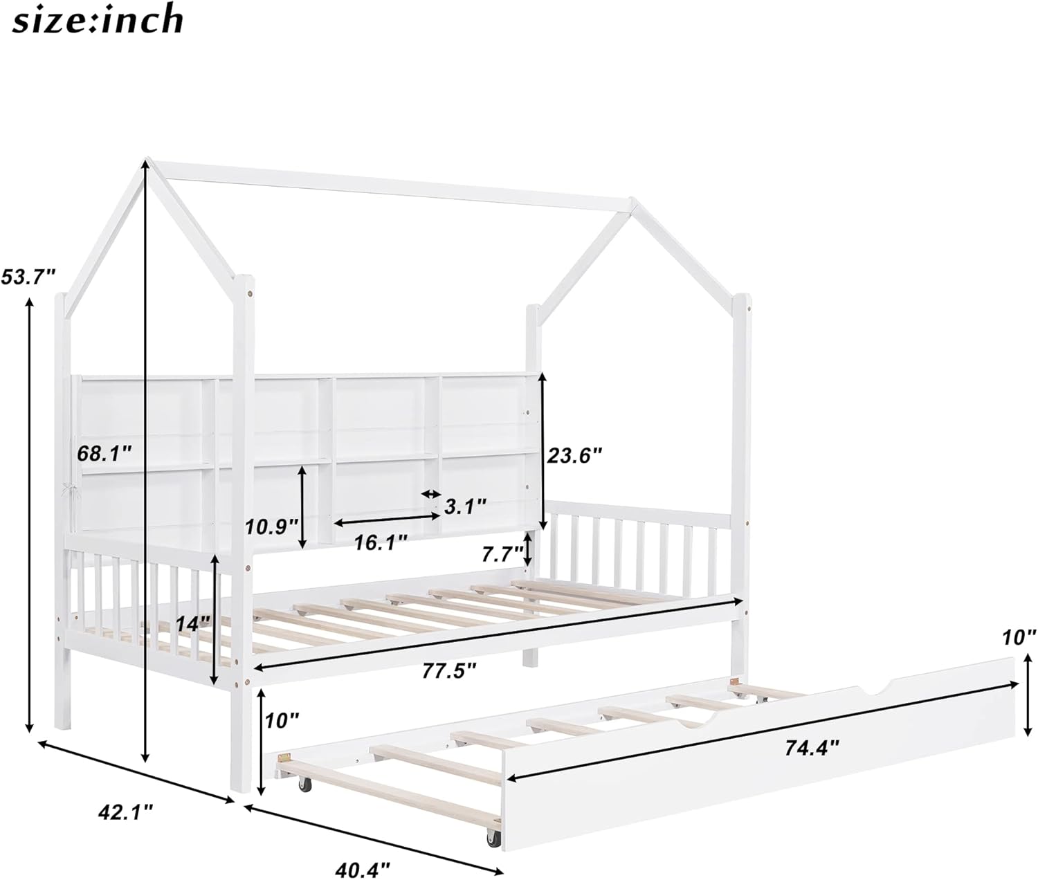White Twin Size Wooden Platform Bed with Trundle and Storage Shelf E97842