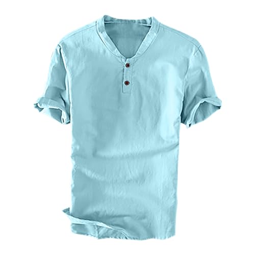 Cotton Linen Short Sleeve Henley Shirts U8572